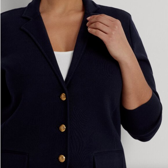 Ralph Lauren Women's Plus 1X Combed Cotton Single-Breasted Knit Blazer NAVY BLUE - Picture 2 of 6